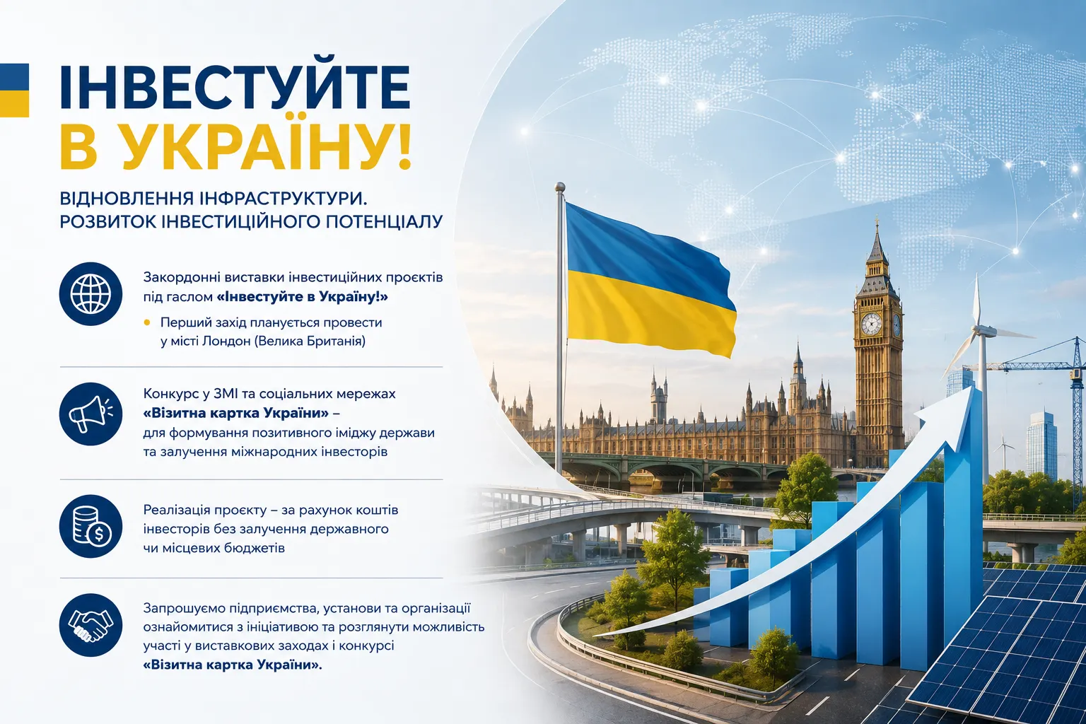 Банер Інвестуйте в Україну про залучення міжнародних інвестицій та відновлення інфраструктури України