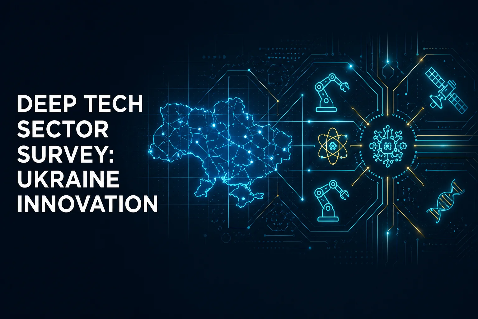 Інформаційний банер опитування про інноваційний сектор Deep Tech в Україні із цифровою картою країни та символами високих технологій.