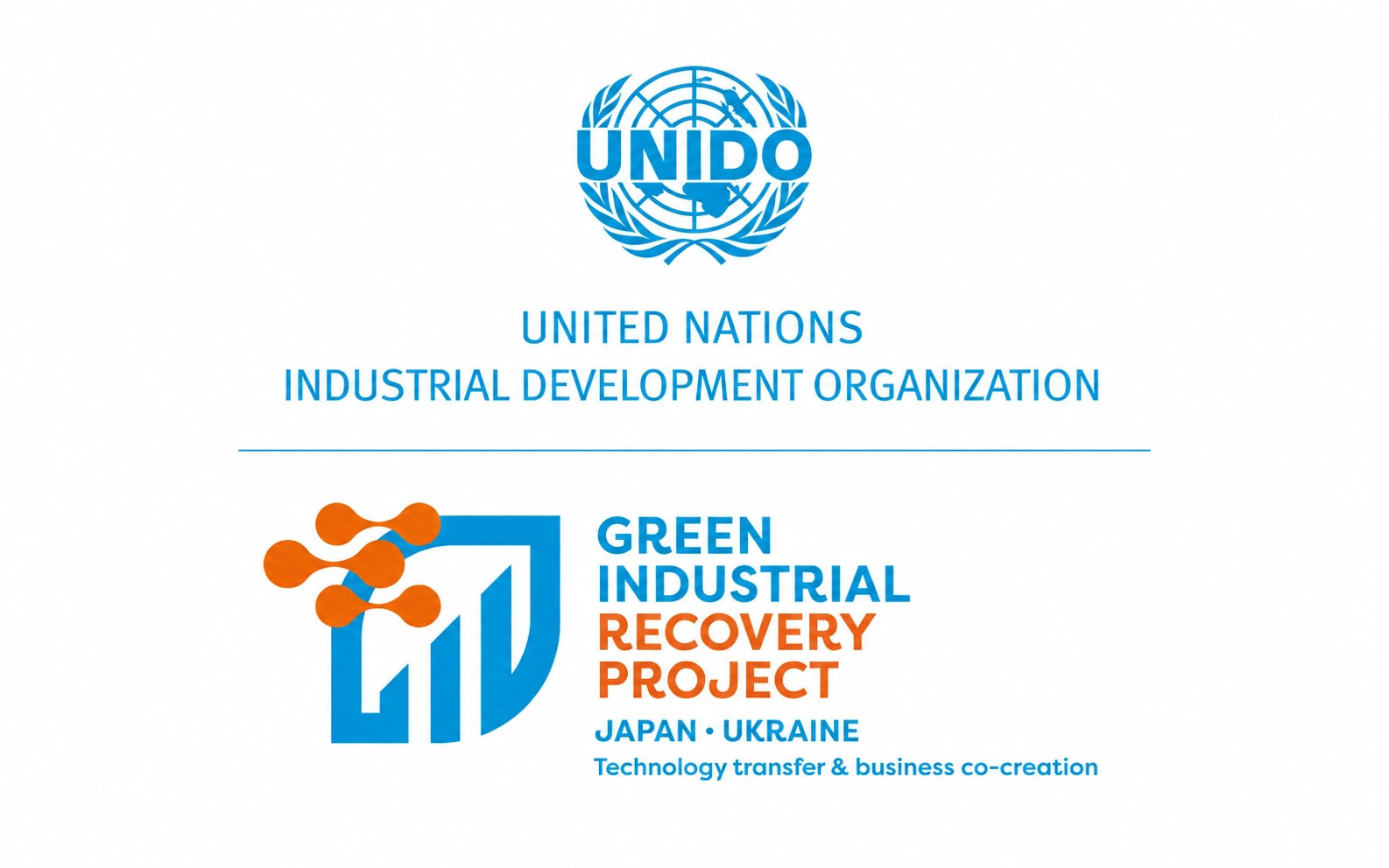 Логотипи UNIDO та проєкту Green Industrial Recovery Project Japan • Ukraine