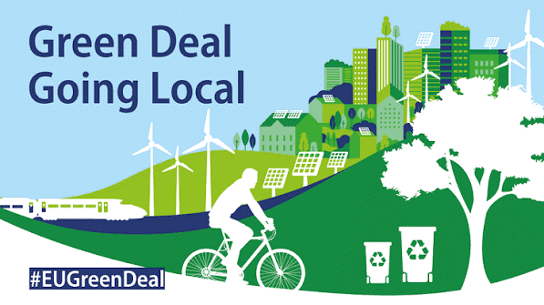 Банер Green Deal Going Local про локальне впровадження Європейського зеленого курсу, відновлювану енергетику та екологічний транспорт.