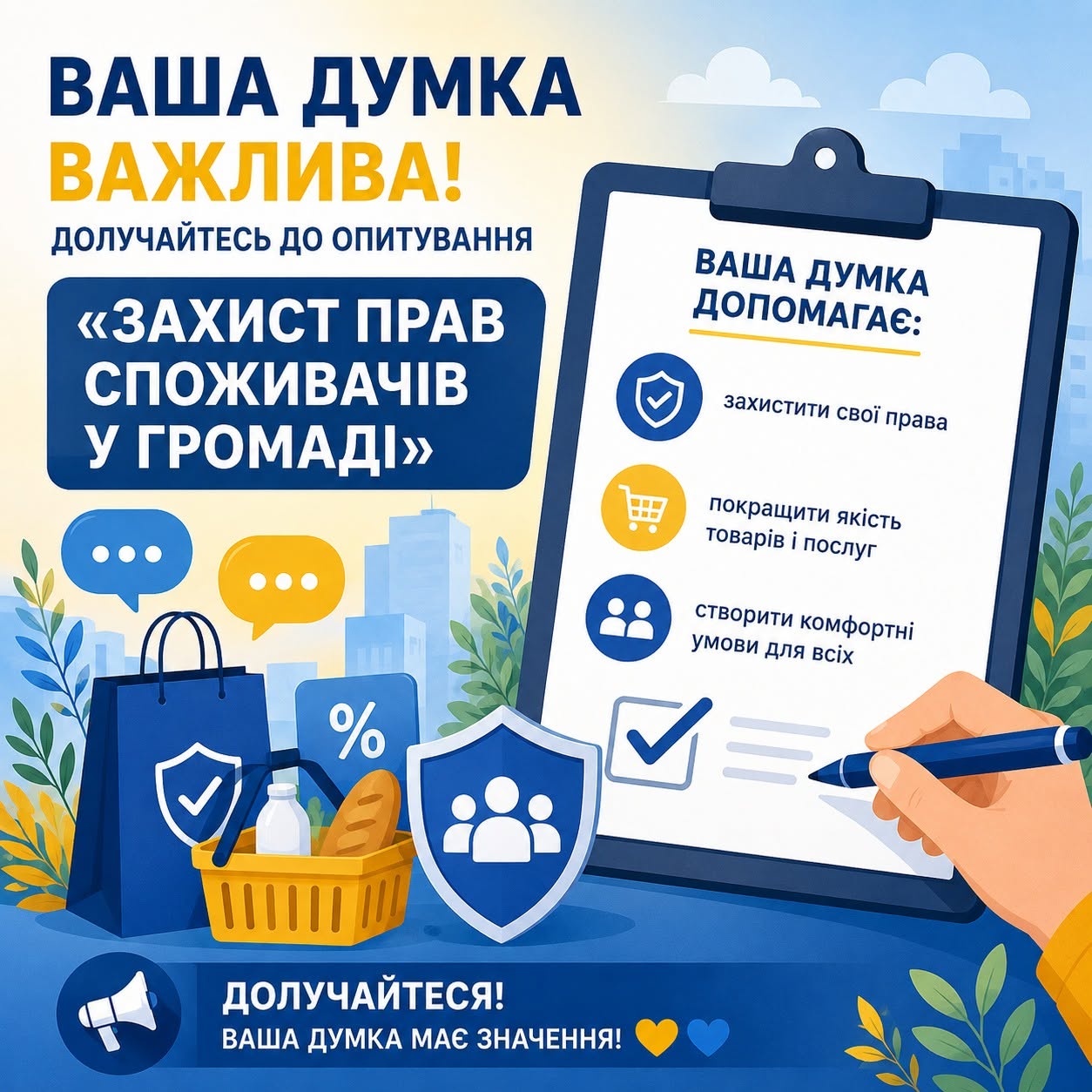 Банер із закликом долучитися до опитування Захист прав споживачів у громаді.