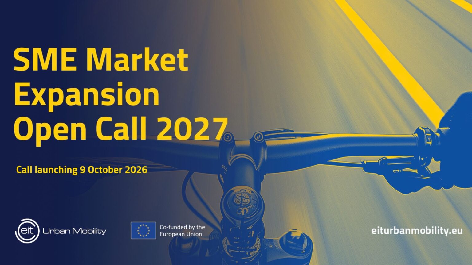 Банер EIT Urban Mobility про конкурс SME Market Expansion Open Call 2027 із кермом велосипеда.