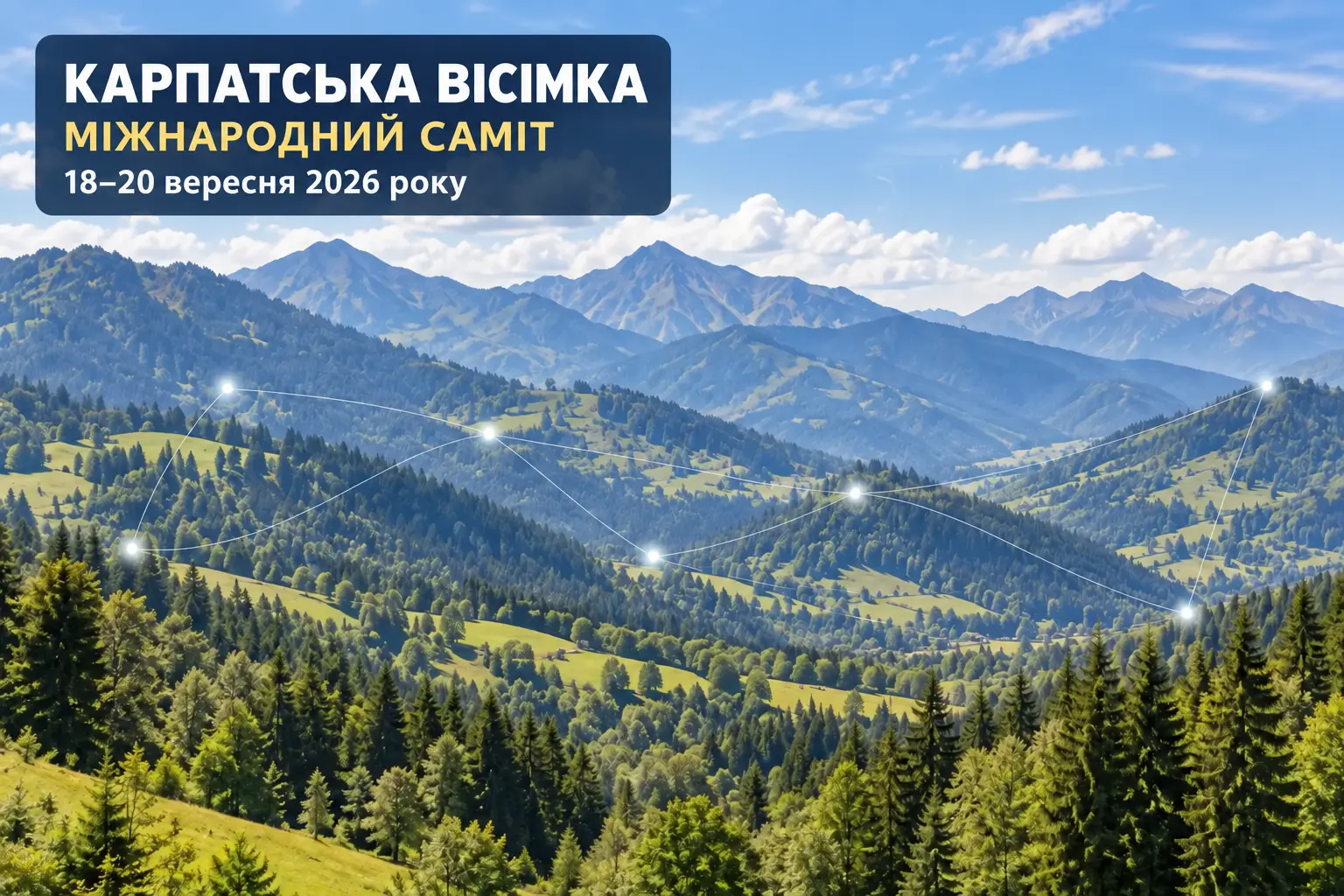 Банер міжнародного саміту Карпатська вісімка на тлі Карпат.