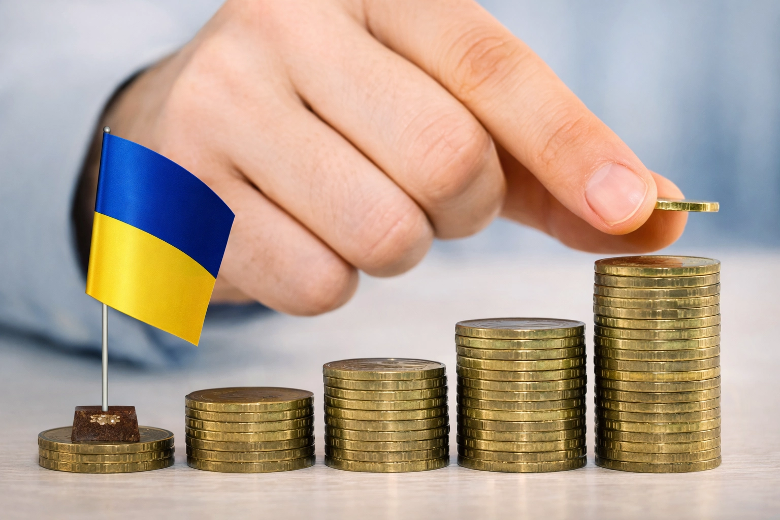 Рука доповнює стопку монет, що ростуть, поруч із державним прапором України.