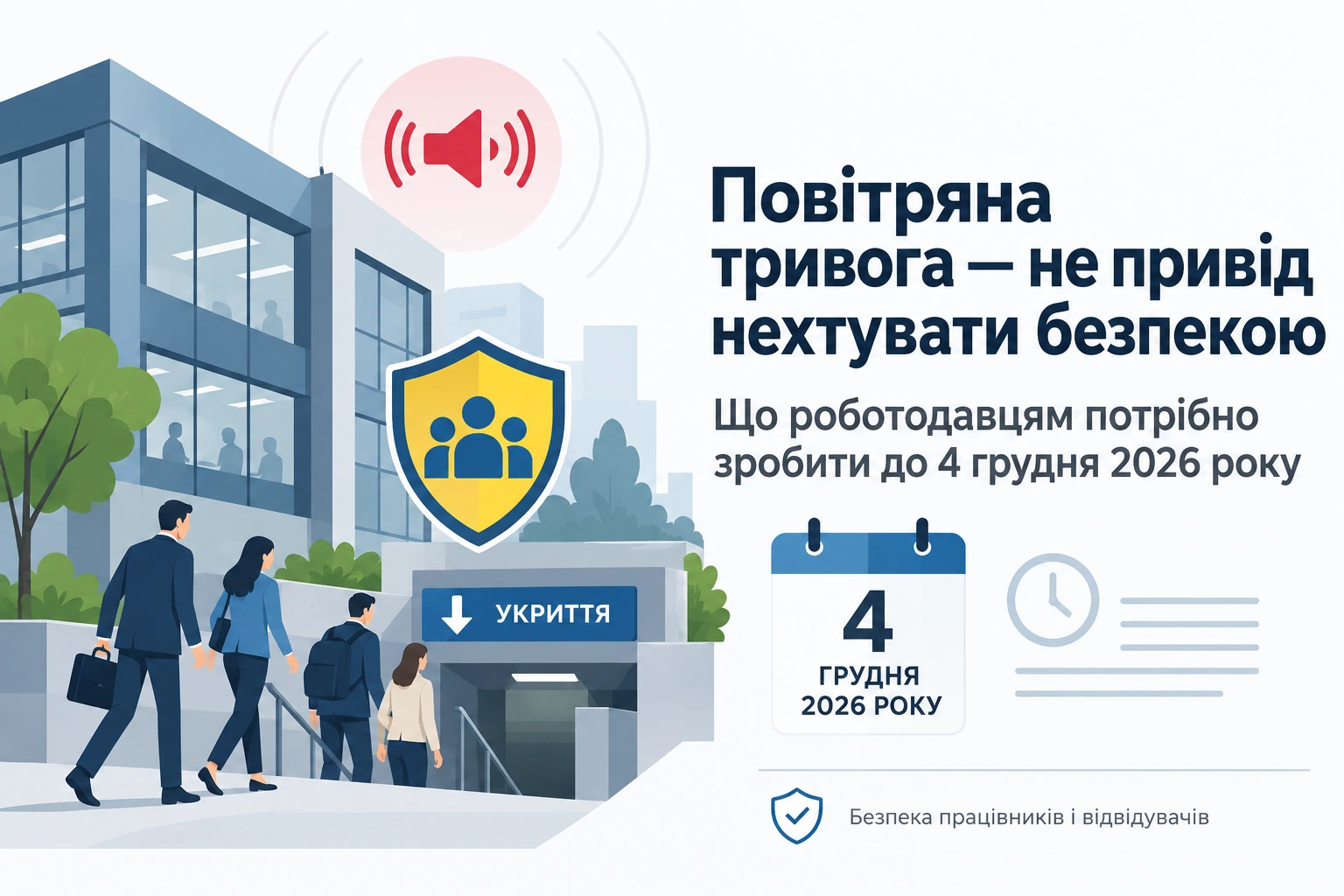 Банер про повітряну тривогу, укриття та заходи безпеки для працівників до 4 грудня 2026 року.