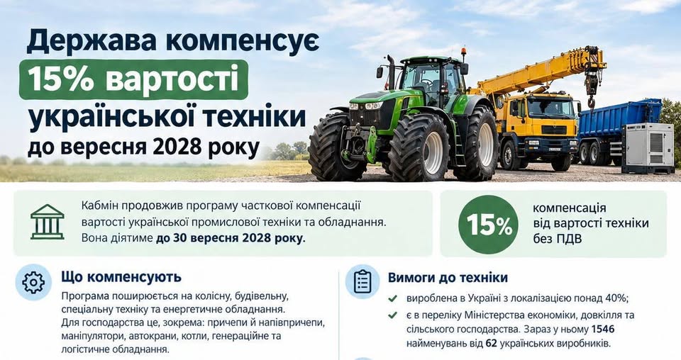 Банер про компенсацію 15% вартості української промислової техніки та обладнання до 2028 року.