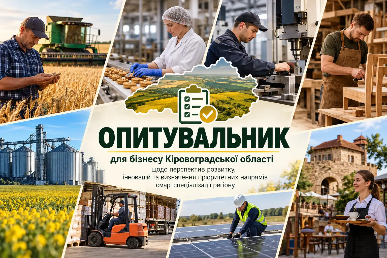 Опитувальник для бізнесу Кіровоградської області щодо перспектив розвитку, інновацій та визначення пріоритетних напрямів смартспеціалізації регіону. Колаж із зображеннями сільського господарства, промисловості, логістики, відновлюваної енергетики та сфери послуг.